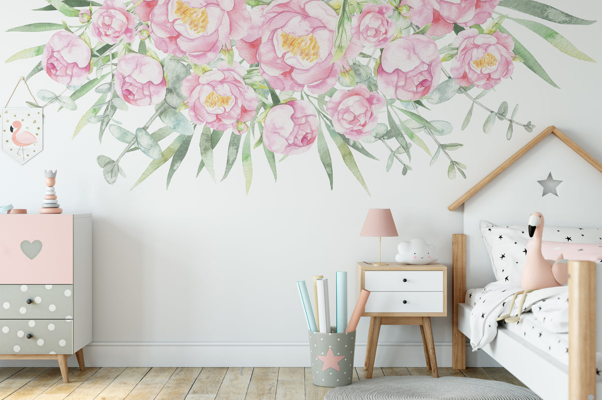 Floral Wall Decal Eucalyptus PINK Border ASHLEY Watercolor Flowers Gir ...