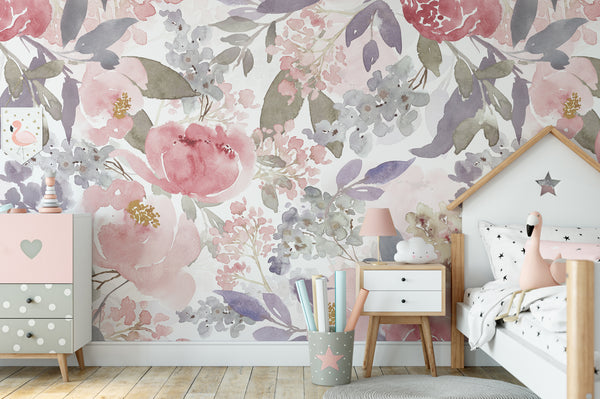 FABRIC Wallpaper Removable PRIM ANNE Floral Pink Peel & Stick Nursery Décor