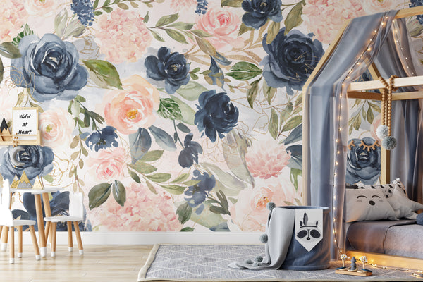 FABRIC Wallpaper Removable NAVY BLUSH Floral Pink Blue Peel & Stick Nursery Décor