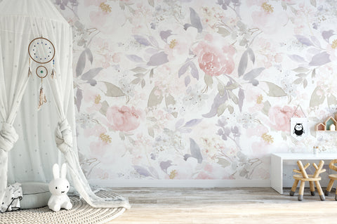PREPASTE Wallpaper PRIM GARDEN Floral Pink Removable Nursery Décor