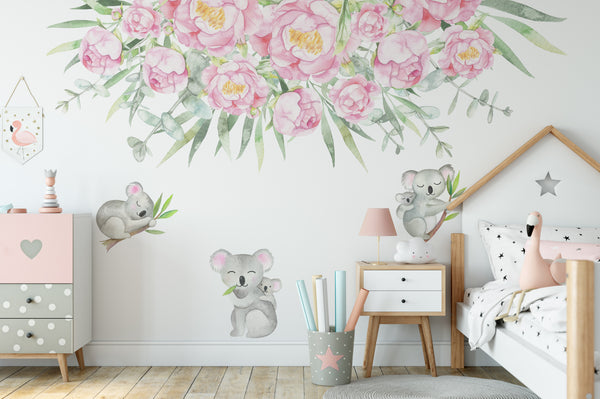 Floral Wall Decal Eucalyptus PINK Border ASHLEY Watercolor Flowers Girl Nursery Decor