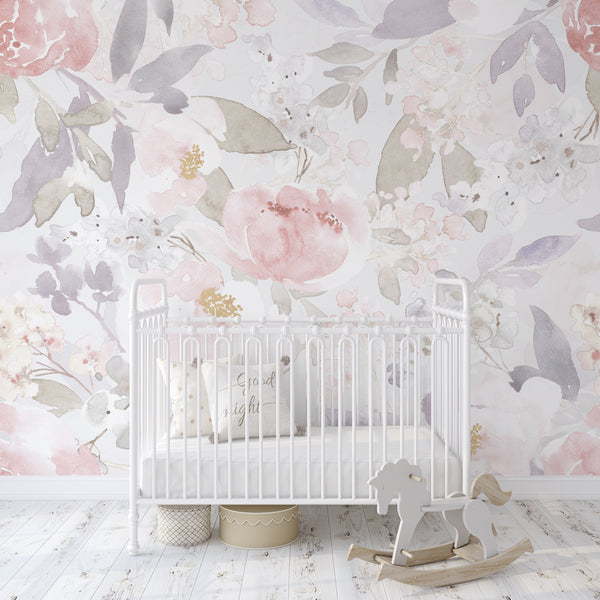 FABRIC Wallpaper PRIM GARDEN Floral Pink Peel & Stick Nursery Décor