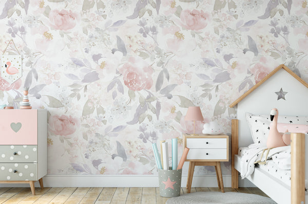 FABRIC Wallpaper PRIM GARDEN Floral Pink Peel & Stick Nursery Décor
