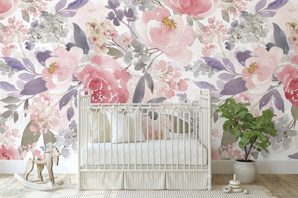 FABRIC Wallpaper PRIM ROSE Floral Pink Peel & Stick Nursery Décor