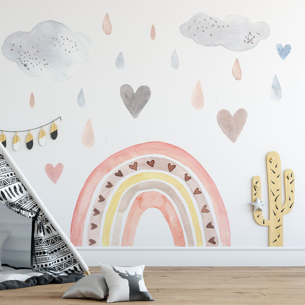 Wall Decal Girl Nursery Watercolor RAINBOW Pink Yellow Hearts