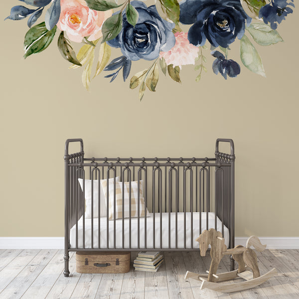 Floral Wall Decal Navy Blush SHANNON Border Watercolor Flowers