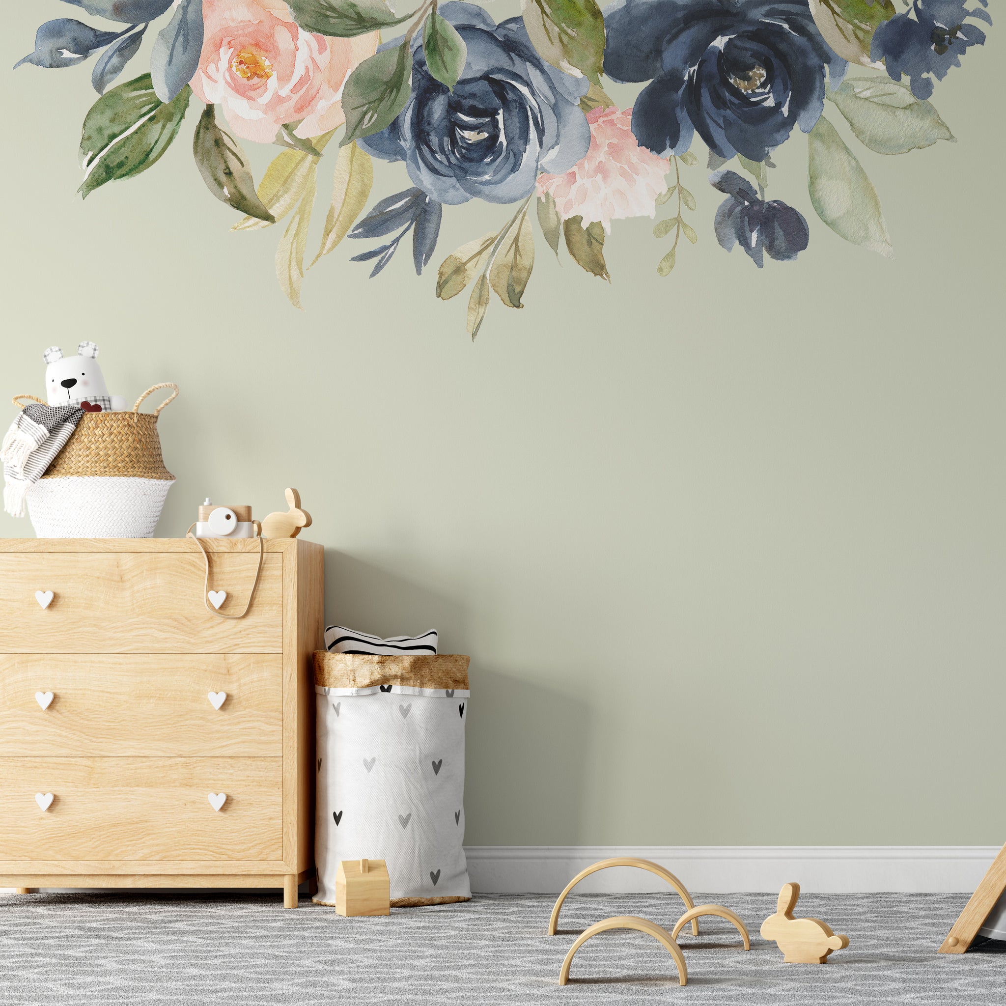 Floral Wall Decal Navy Blush SHANNON Border Watercolor Flowers