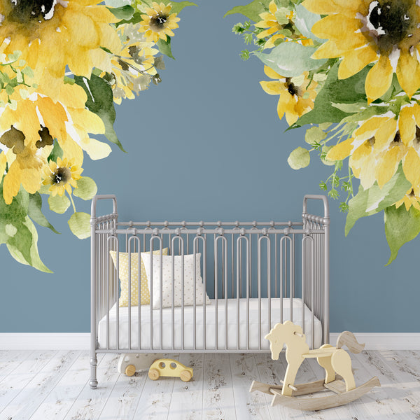 Floral Wall Decal Corners SUNFLOWER Bliss Watercolor Flowers Girl Nursery Decor