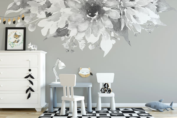 Floral Wall Decal Border SUNFLOWERS White & Black Flowers Girl Nursery Decor