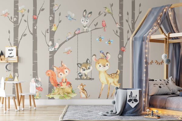 FABRIC Set 6 trees Woodland Nursery Wall Decals Forest Neutral Décor