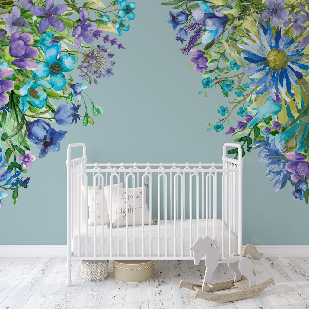 Floral Wall Decal Corners WILD BLUE Flowers Decals Girl Nursery Decor