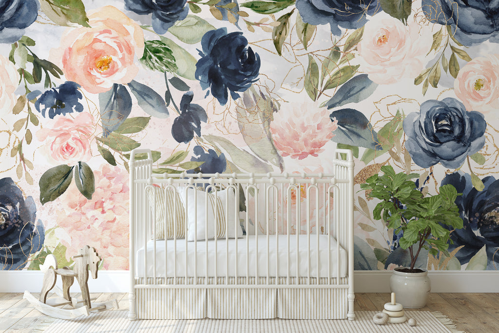 Pink And Navy Floral Wallpaper, Removable Wallpaper, Peel And Stick  Wallpaper, Adhesive Wallpaper