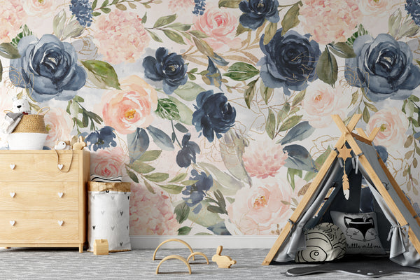 FABRIC Wallpaper Removable NAVY BLUSH Floral Pink Blue Peel & Stick Nursery Décor
