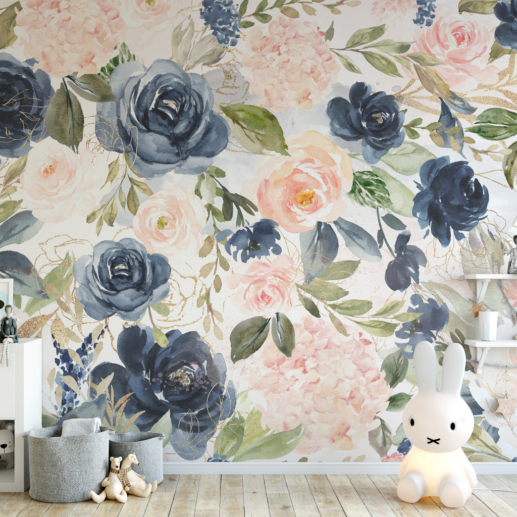 Pink And Navy Floral Wallpaper, Removable Wallpaper, Peel And Stick  Wallpaper, Adhesive Wallpaper