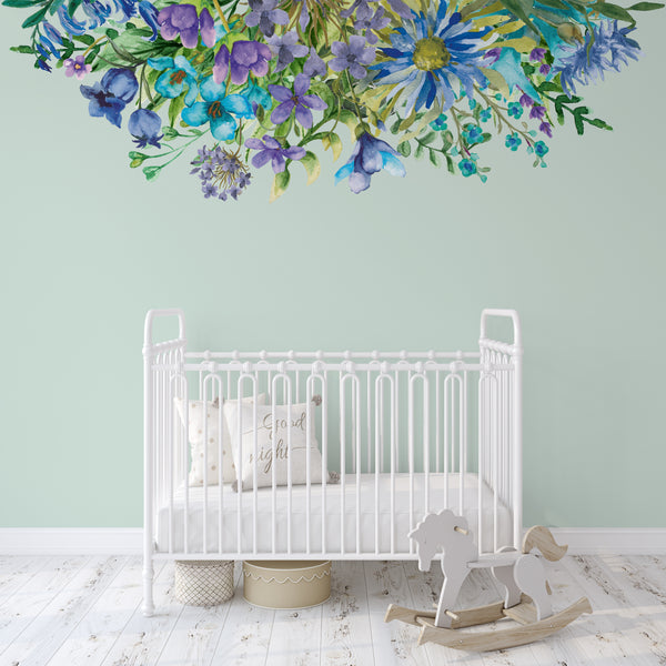 Floral Wall Decal Border WILD BLUE Watercolor Flowers Girls Nursery Decor