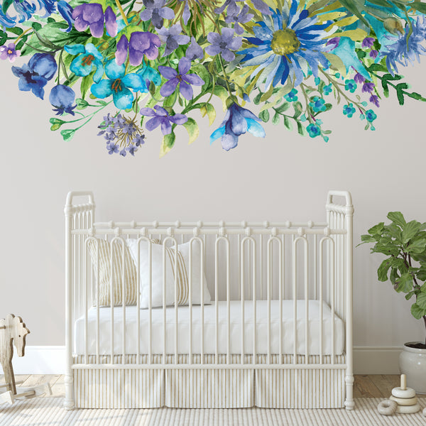 Floral Wall Decal Border WILD BLUE Watercolor Flowers Girls Nursery Decor